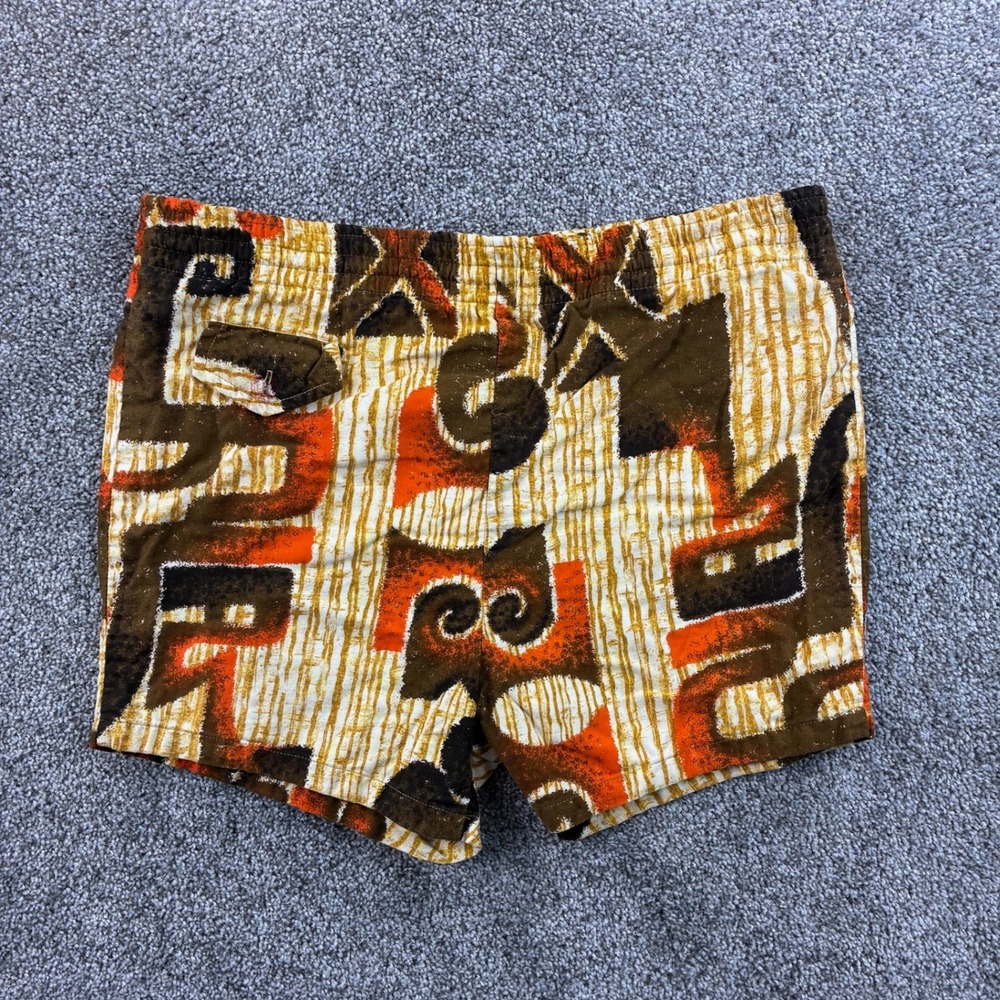 Vintage 50s Paradise Hawaii Swim Trunks Mens 34 Brown Barkcloth Tribal Tiki